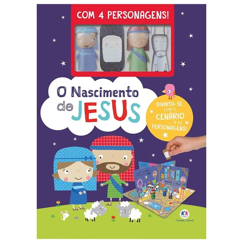 Livro O nascimento de Jesus com 4 personagens em miniatura