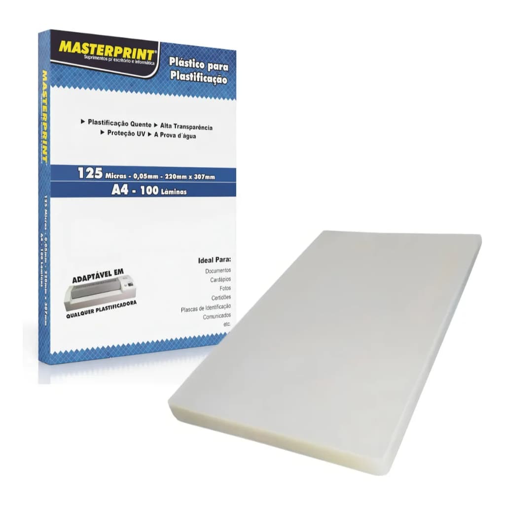 Plástico Para Plastificação MasterPrint A4 220x307mm, 125 Micras, Pacote Com 100 Unidades.