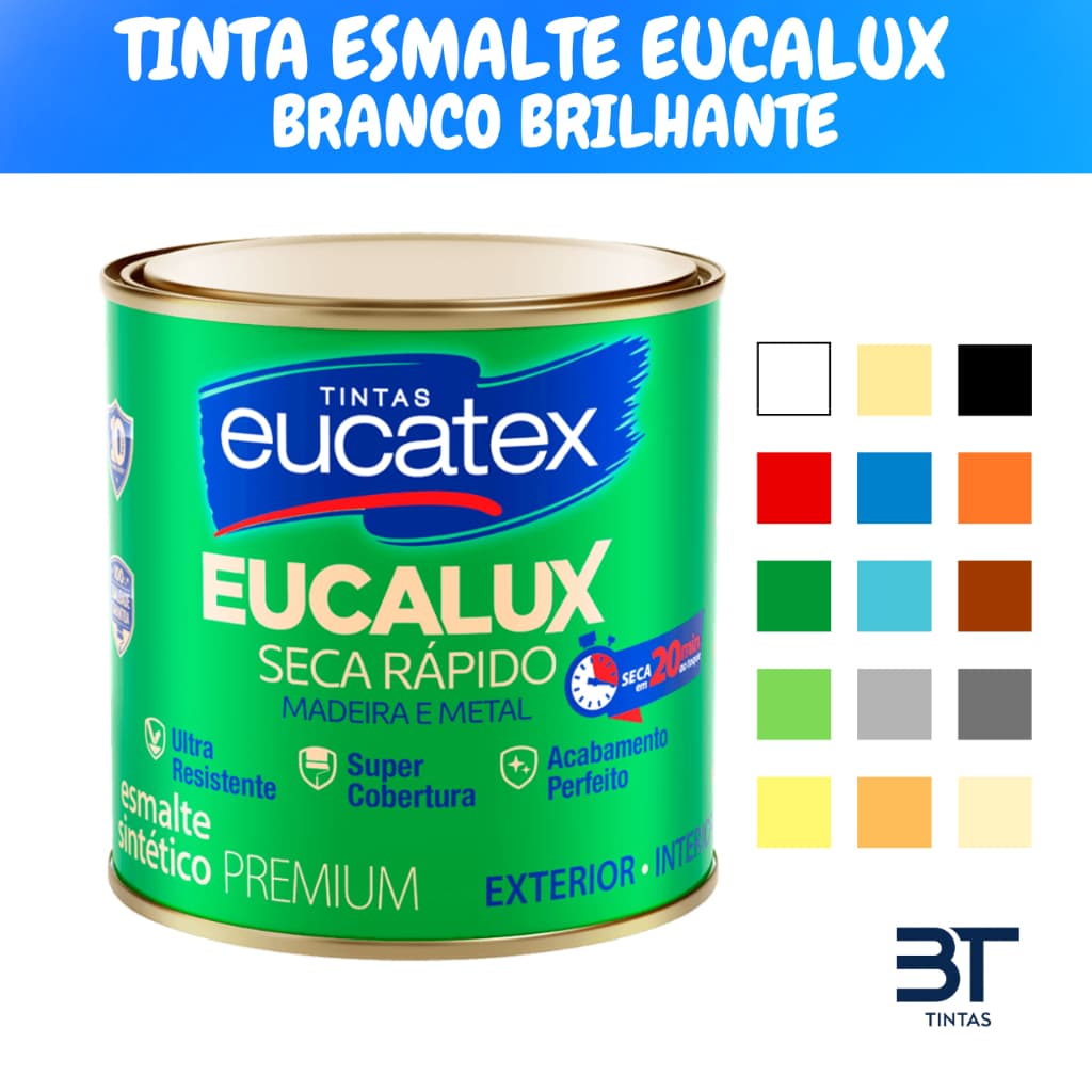 Tinta Esmalte Premium Eucalux Branco e Preto Brilhante Para Pintar Madeira Metal Cerâmica 225ML e 900ML