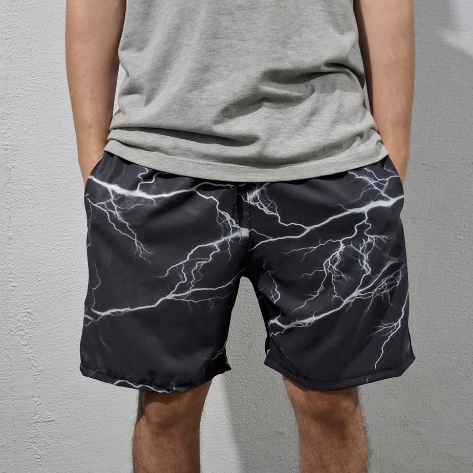 Shorts Tactel Masculino Estampado Raios Trovões Bermuda Elastano Streetwear Masculina Treino