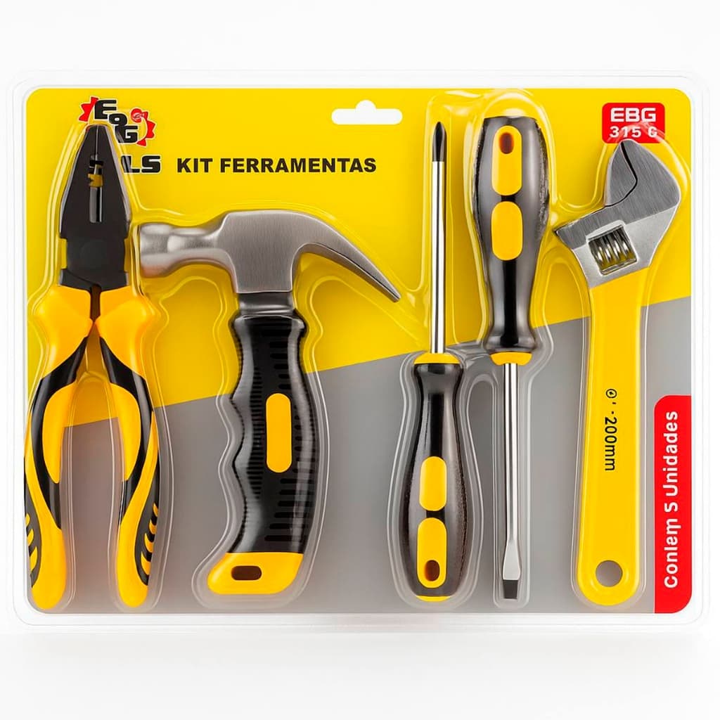 Kit de Ferramentas 5pçs Alicate Martelo Chave philips, Fenda e Chave inglesa