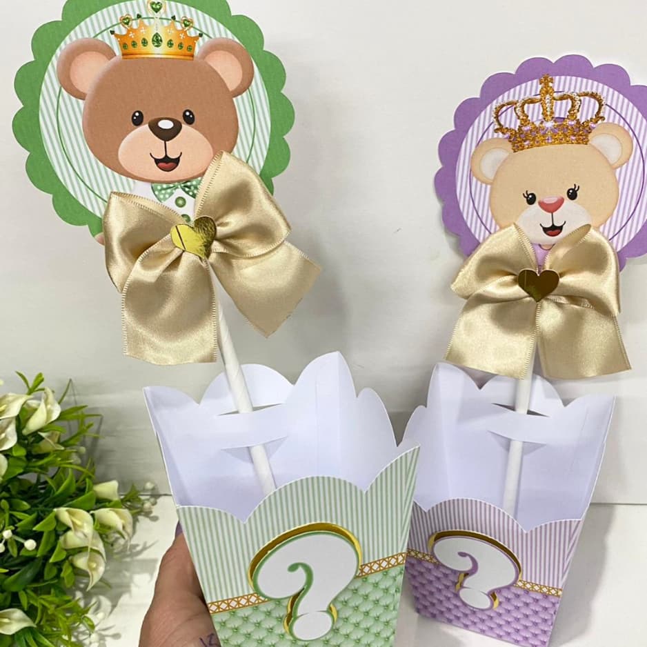 Centro de mesa Chá Revelação Ursinho verde e roxo / Personalizado / Enfeite Cachepô / Decoração