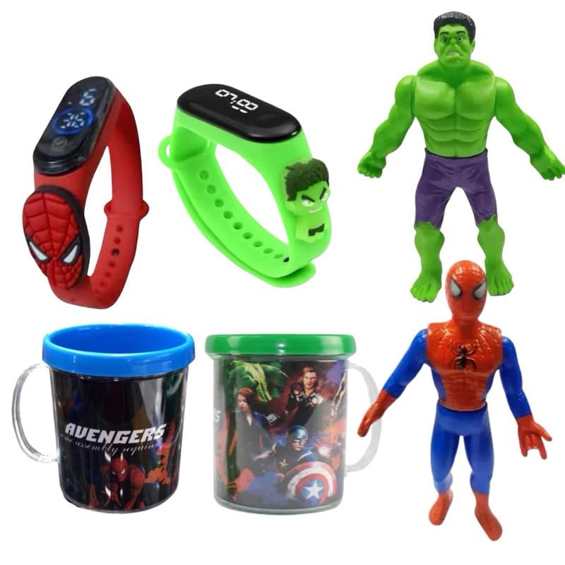 Kit 6, Boneco Hulk + Boneco Homem Aranha + Relogio Hulk + Relogio Homem Aranha + 2 Canecas Personalizada