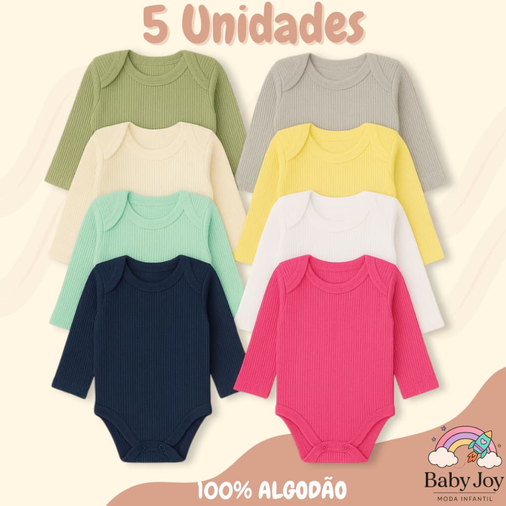 Kit 5 Body Manga Longa Bebê Infantil Ribana Canelado Algodão Menino Menina Top Envio Imediato