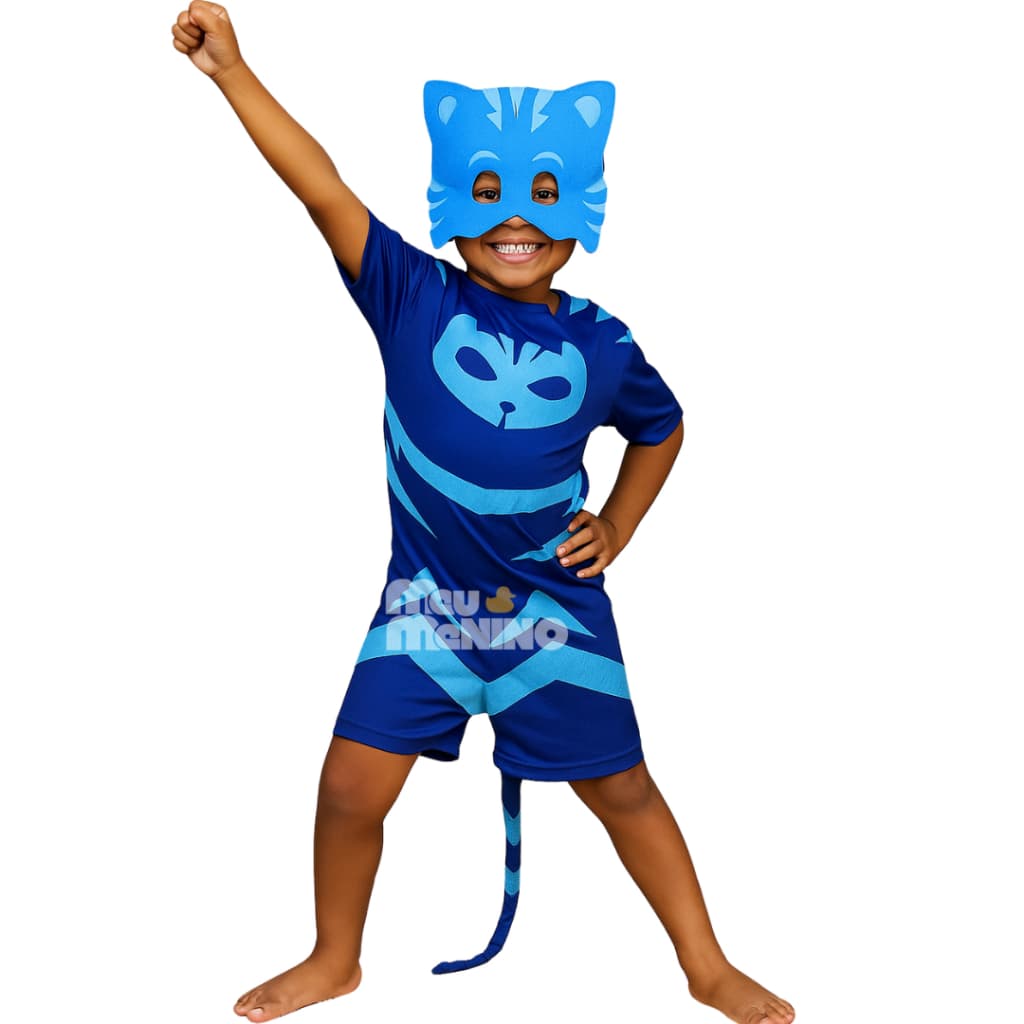 Fantasia Infantil PJ Masks Menino Gato Com Mascara Azul Macacão Carnaval