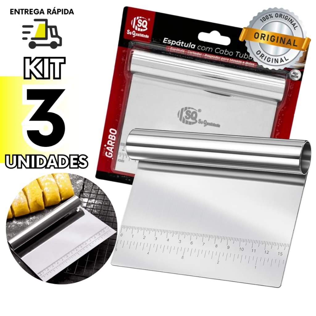 Kit 3 Espátula Inox 15cm Raspador Cortador De Massa Cabo Tubular Profissional Para Cozinha