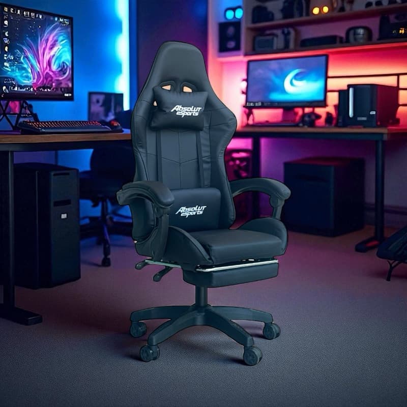 Cadeira Gamer Preta Absolut eSports Reclinável Giratória Ergonômica Apoio Pés Ajuste Altura