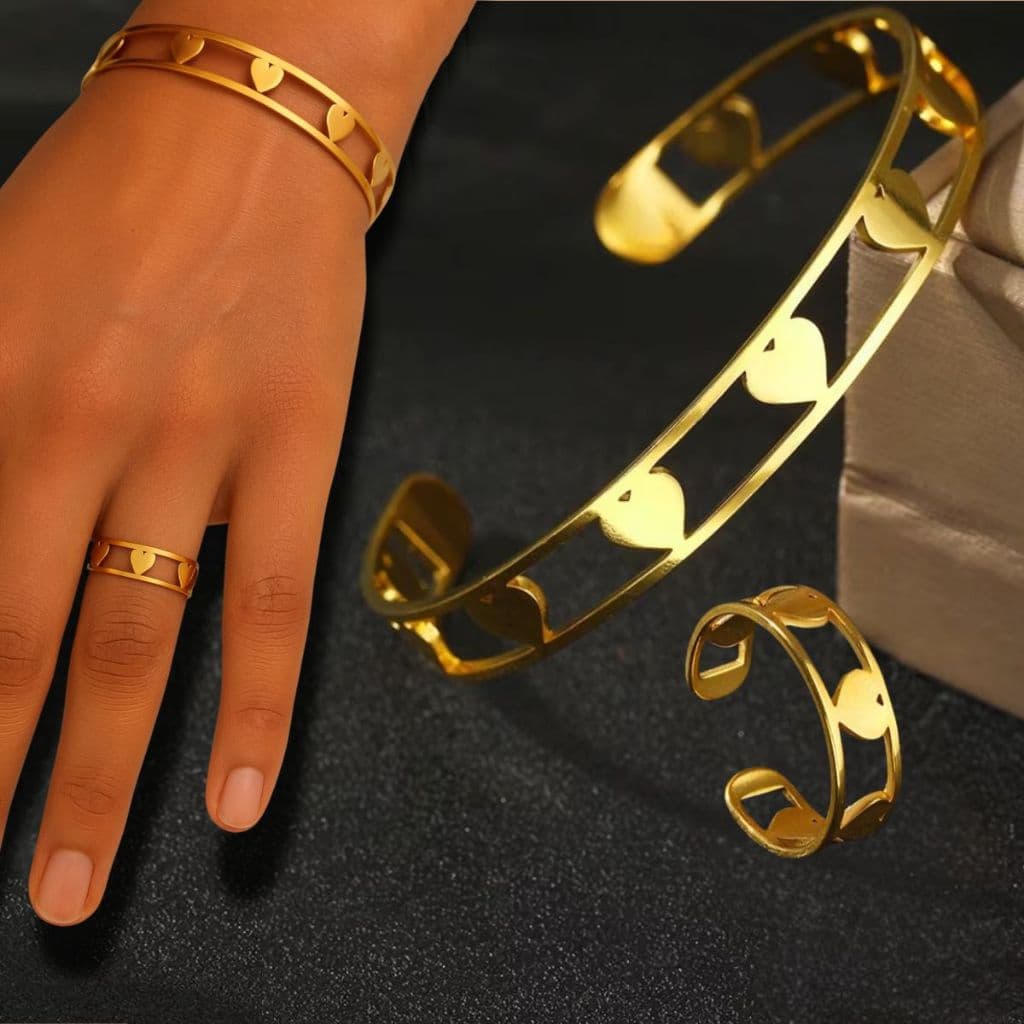 Conjunto Anel E Pulseira Feminina Corações Em Aço Inox - Anel Coração e Bracelete Feminino Coração