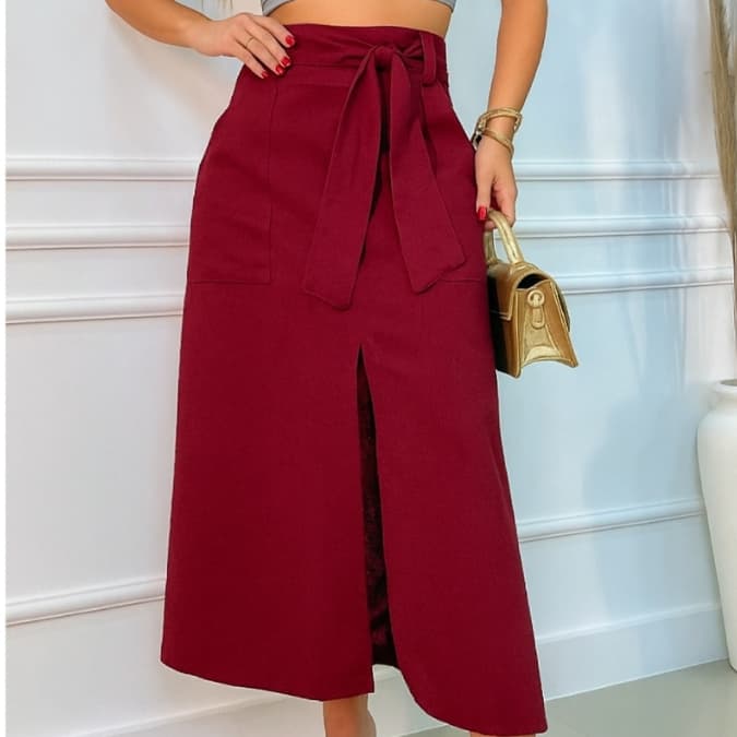 MODA LUA Saia Midi Fenda Frontal com Cinto de Tecido 00219