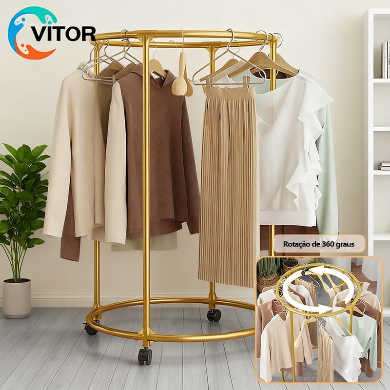 Cabideiro Redondo com Rodas 130cm Organização Fácil de Montar e Movimentar Prática Quartos e Lojas VITOR