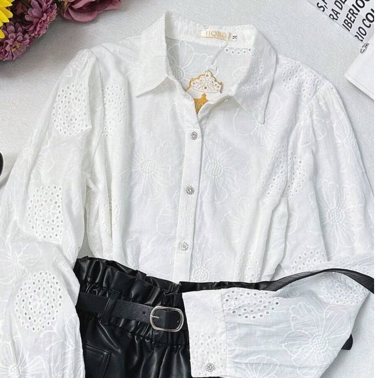 MODA LUA Blusa Social Feminina Manga Longa Com Bordado Q11
