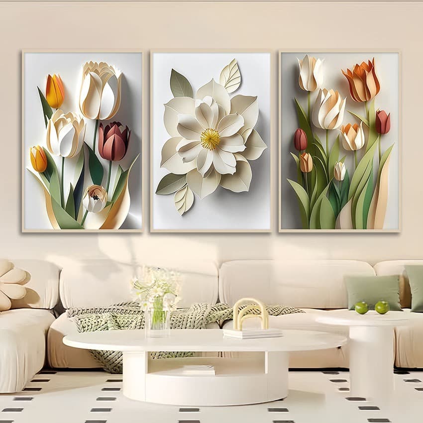 Quadro Decorativo 3 Peças Tridimensional Flor Moldura 40x60 cm Sala Grande Moderno Quarto