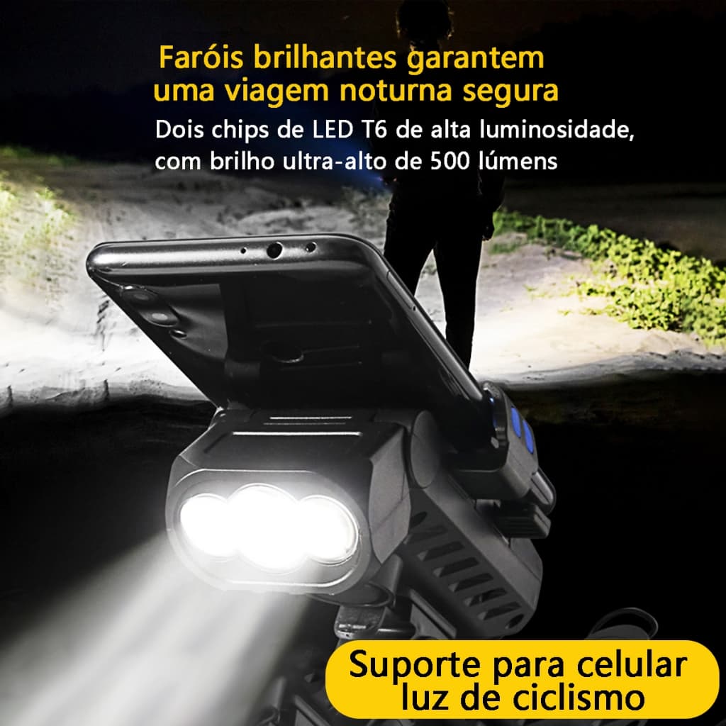 Lanterna Bike Com Buzina 4 Em 1 Multifuncional 12 Horas À Prova D'Água Recarregável