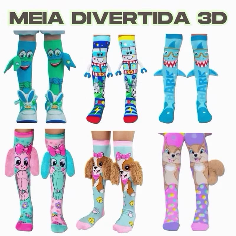 Meia Divertida 3D Unissex Colorida Estampada