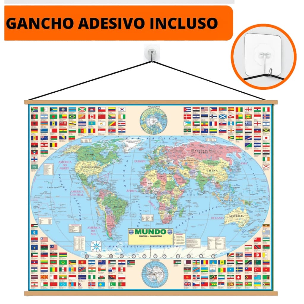 Mapa Mundi Banner Laminado Atualizado + Gancho Autocolante Pronto Para Pendurar - Grande 120x90cm