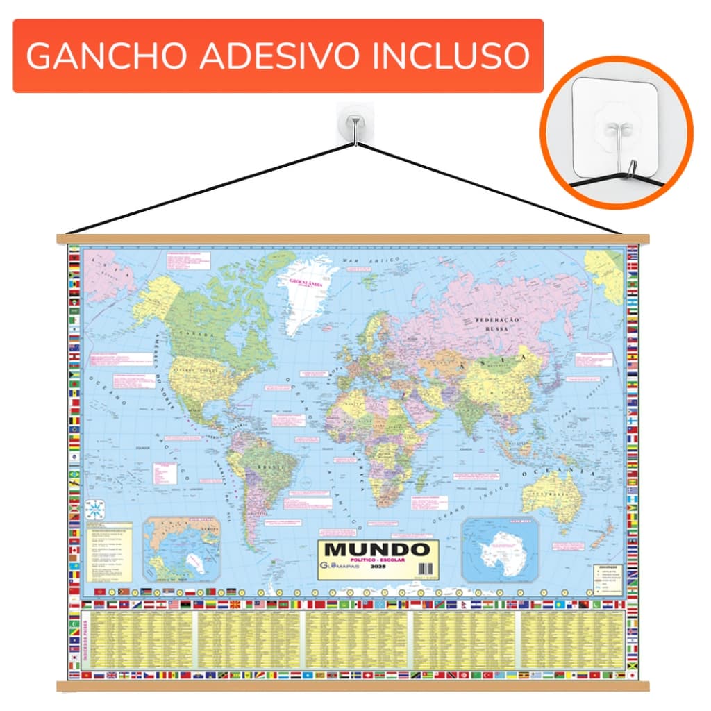 Mapa Mundi Banner EDIÇAO 2026 Político Escolar  + Gancho Autocolante Pronto Para Pendurar  120x90cm