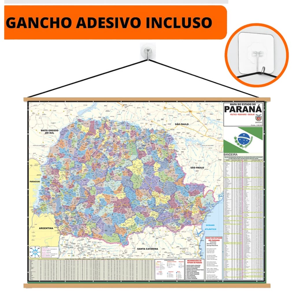 Mapa Paraná Banner + Gancho Autocolante Pronto Para Pendurar - Grande 120x90cm