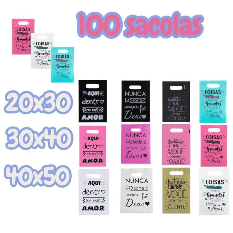 100 sacolas boca vasada ou triste 20x30 e 30x40 preto e pink vc com frases