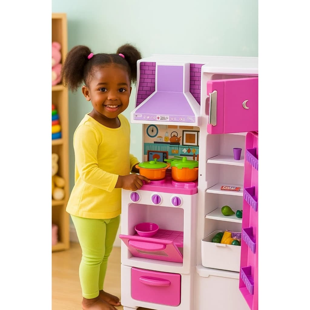 Cozinha de Brinquedo com Geladeira Armário fogão e Coifa Infantil Kit Luxo Acessórios Utensílios - Rosa