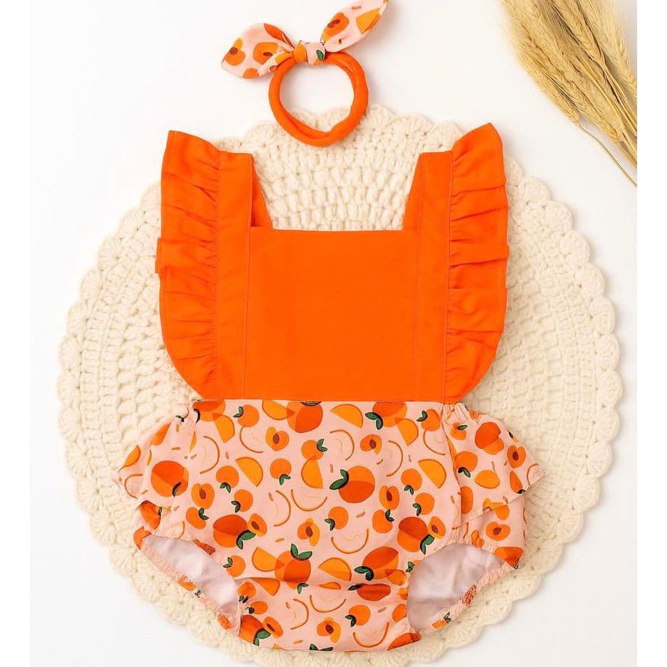 jardineira fruta menina pessego estampado mesversario