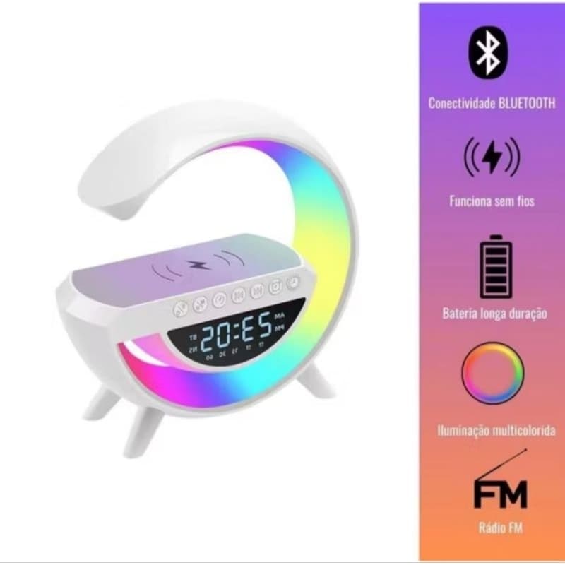 Caixa de Som G Com Carregamento Sem Fio por Indução  e Relógio RGB - Caixa Tamanho Grande Não é Mini