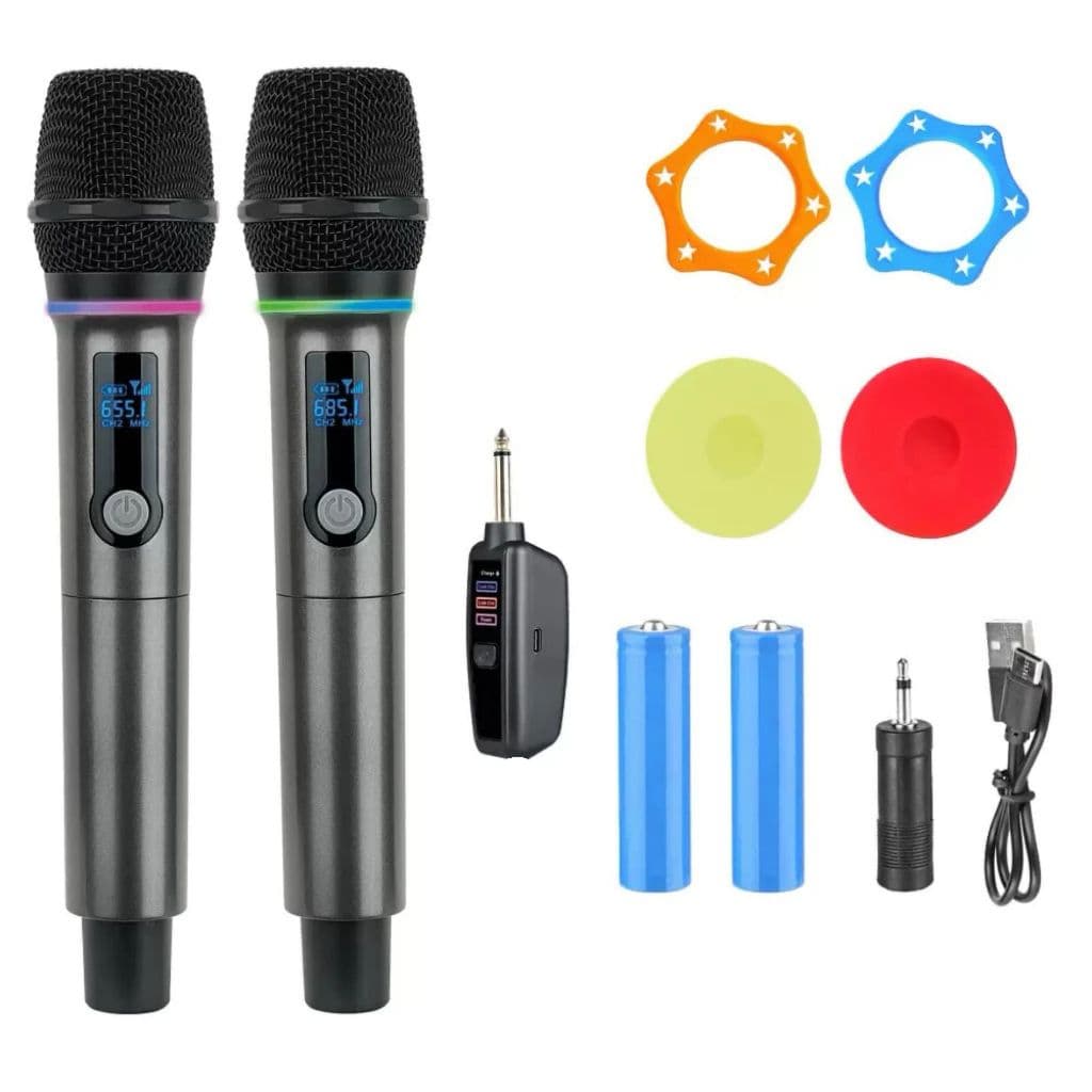 Microfones Dinâmico Sem Fio Duplo Profissional Recarregável Uhf