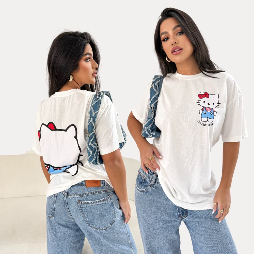 Blusa Feminina Max Oversized Hello Kitty Frente e Costas 100% Algodão Streetwear