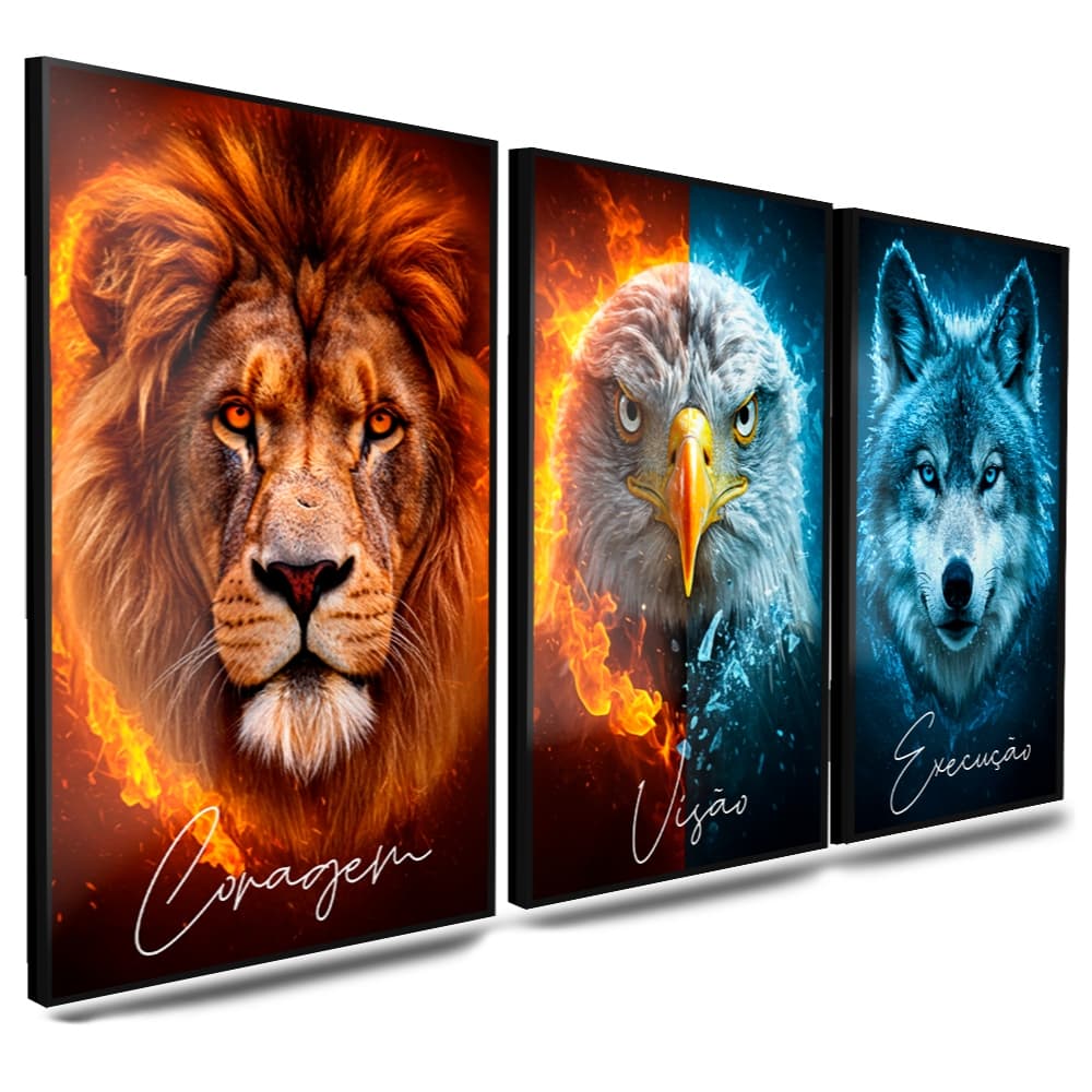 Quadro Decorativo 3 Peças Leão Águia Lobo Foco Disciplina Motivacional Sala Quarto