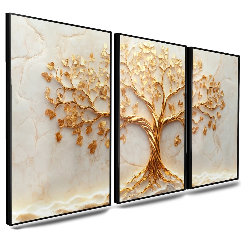 Quadro Decorativo 3pçs Mármore Árvore da Vida Luz Dourada para Sala Hall