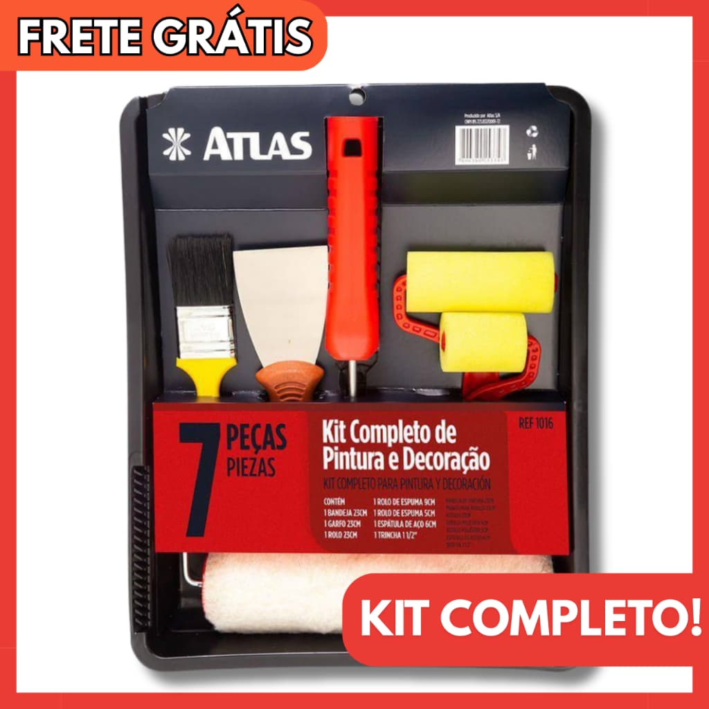 Kit de Pintura Atlas Completo 7 Peças com Bandeja, Trincha, Espátula e Rolos - 1016 Atlas 7 pçs