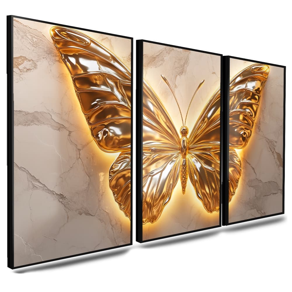Quadro Decorativos 3pçs Borboletas Douradas Pérolas Cristais Elegância Luxo para Sala Quarto