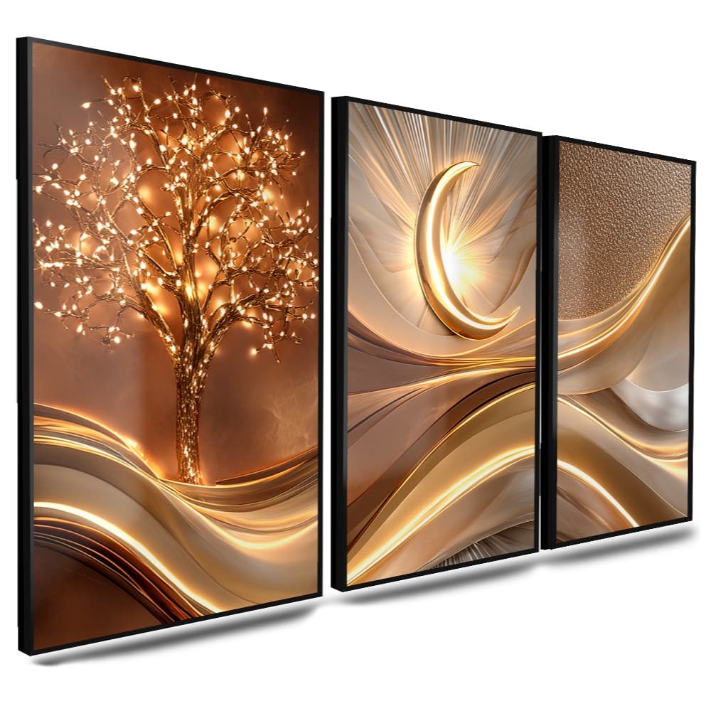 Quadro Decorativo Luxo Arvore Dourada Ouro Lua Quarto Sala 120x60