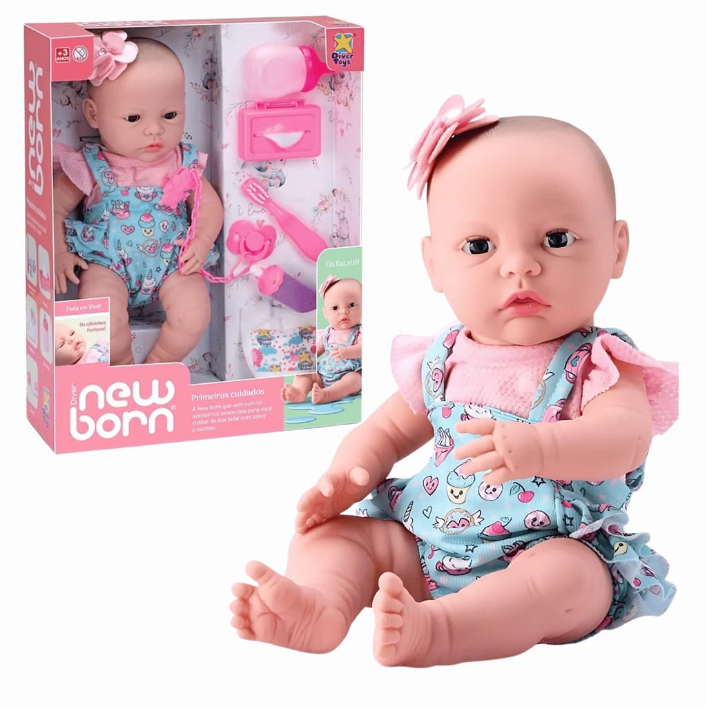 Boneca Diver New Born Faz Xixi Abre E Fecha Os Olhos Primeiros Cuidados - Divertoys