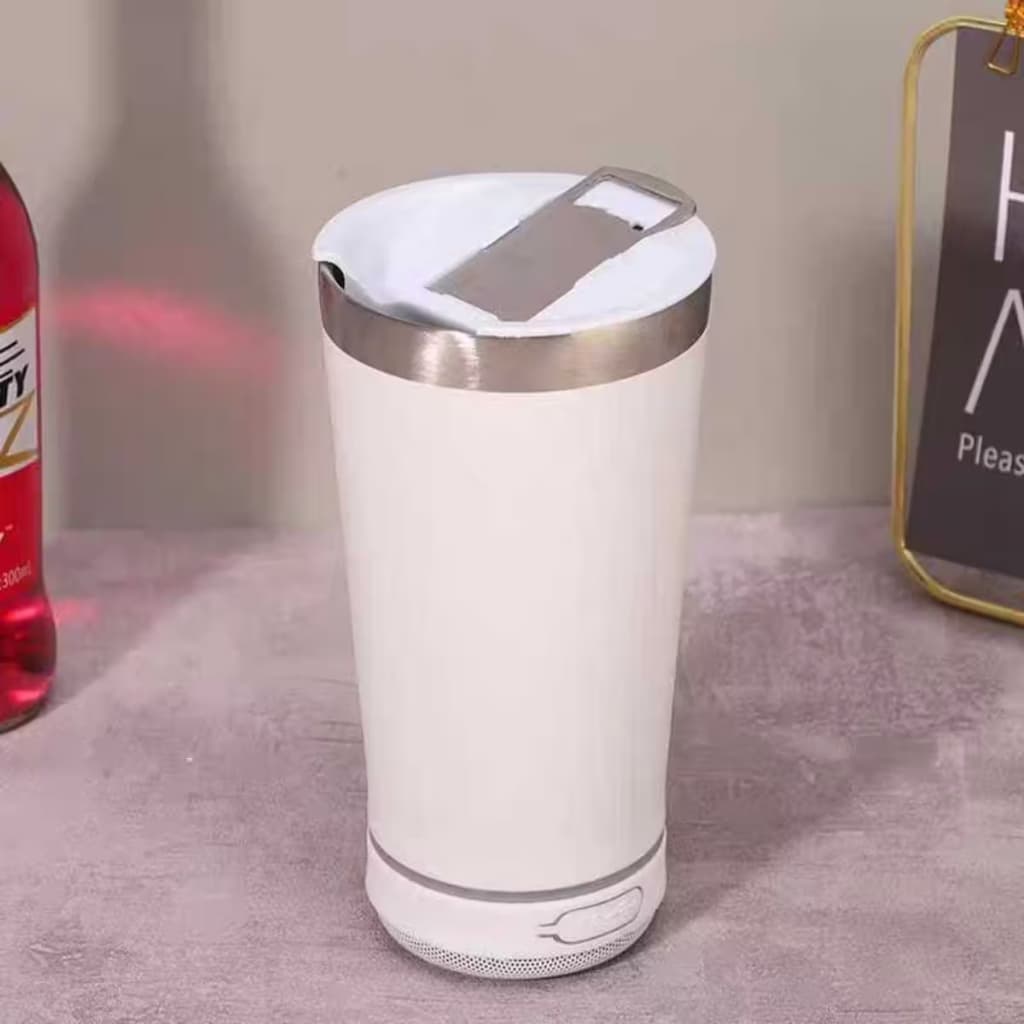 Copo MUSICAL Térmico Aço Inox BRANCO Com Caixa de Som Bluetooth com tampa abridor Led RGB 473ML