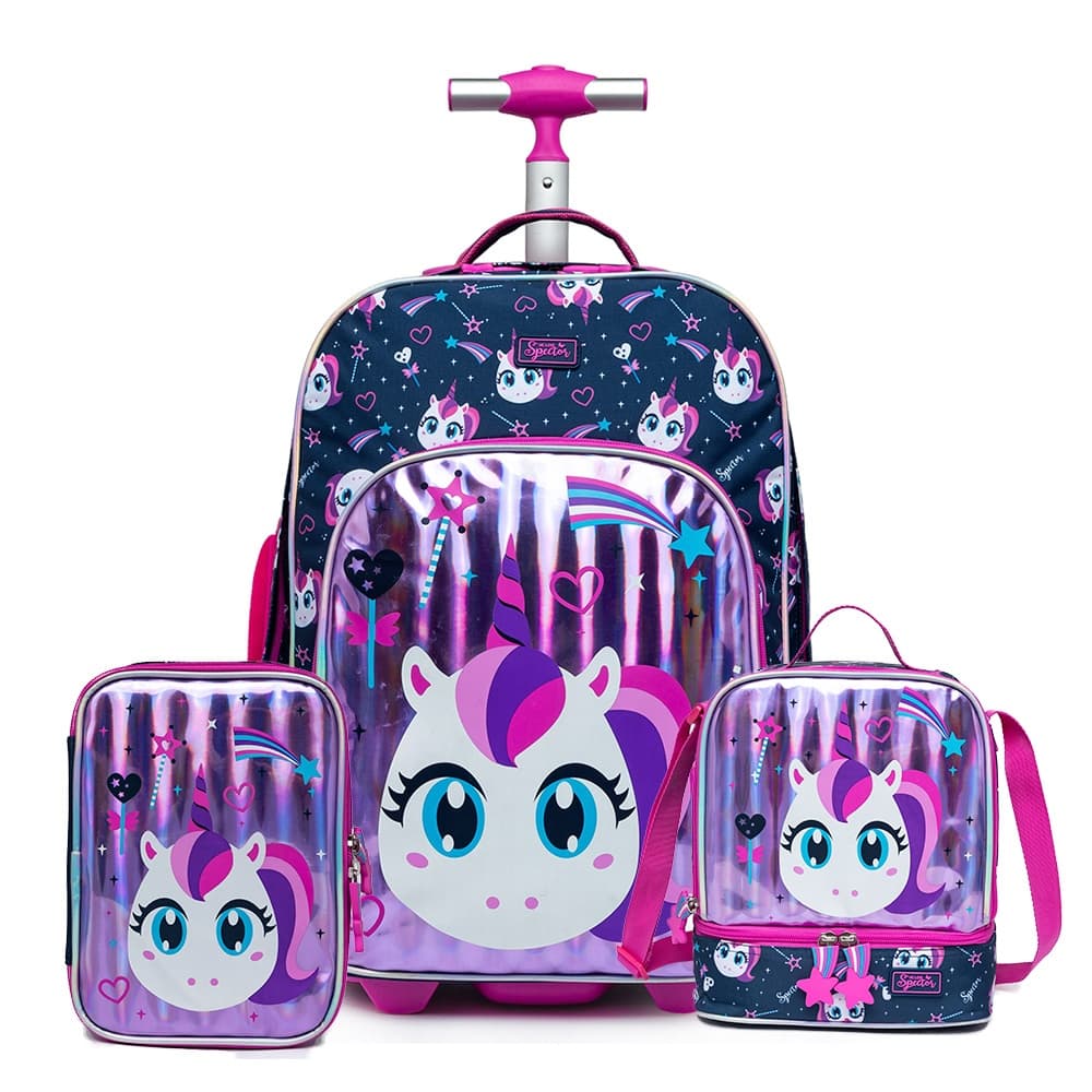 Kit Completo Mochila Rodinhas Lancheira Estojo Unicórnio Menina Roxa Escolar Infantil Spector