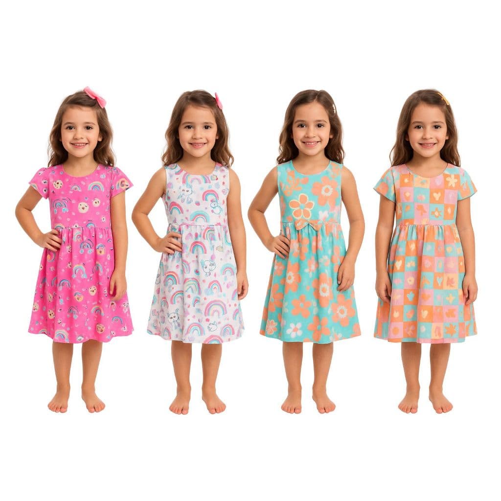 Kit 5 Vestidos Infantil Menina Juvenil Algodão Casual do Tamanho 1 ao 14