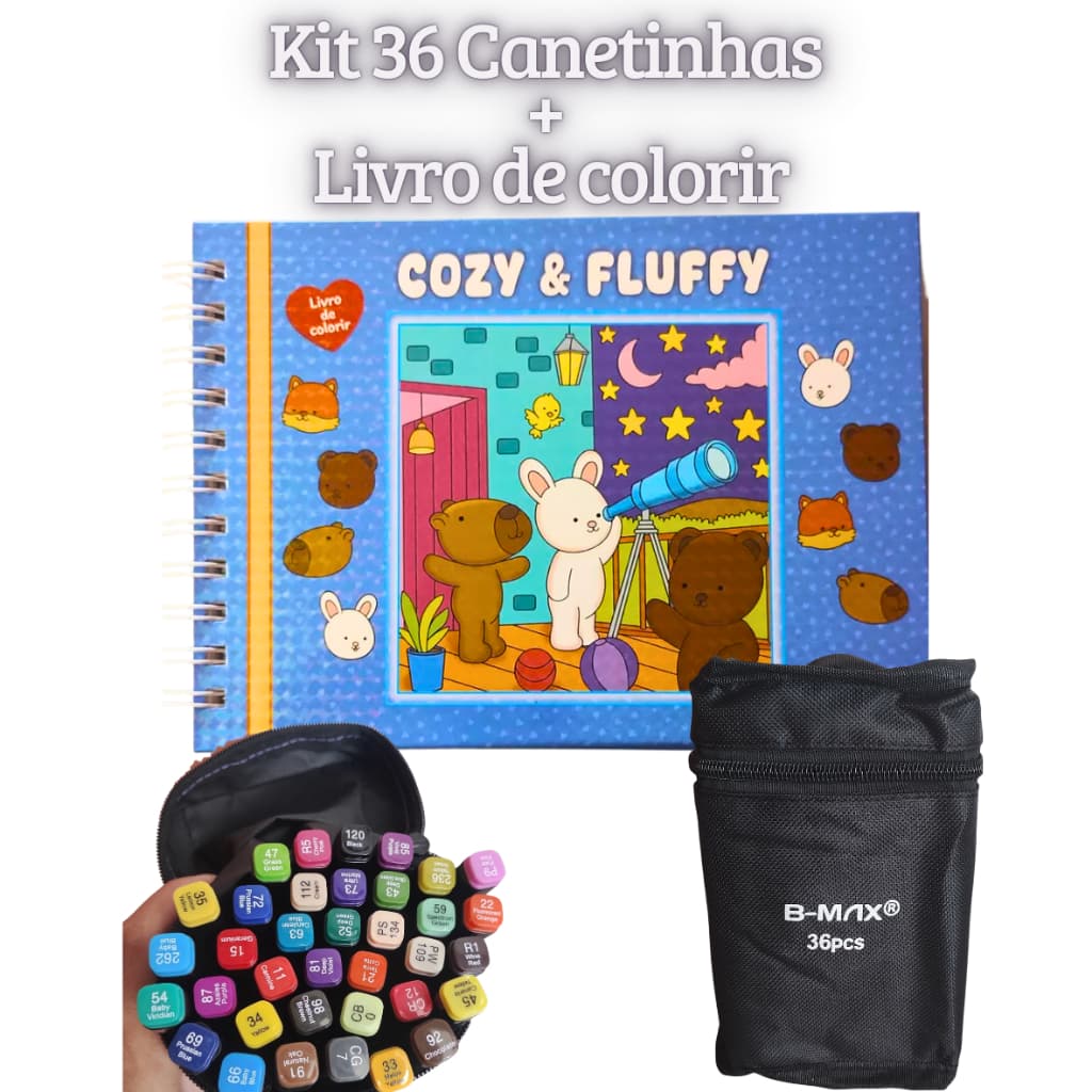 Kit Canetinhas 36 Cores Ponta Dupla Touch + Livro de Colorir, kit canetinhas profissionais, livro