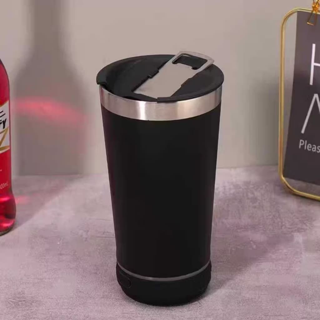 Copo Musical Térmico Aço Inox PRETO Com Caixa de Som Bluetooth com tampa abridor Led RGB 473ML