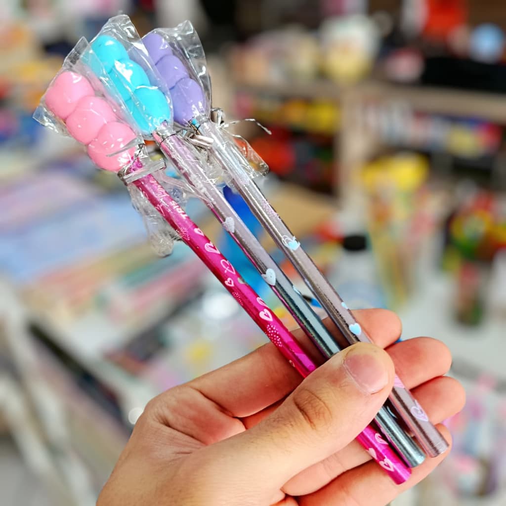 Lápis de Escrever Com Borracha Fofo Tris Love Roxo Azul Claro Rosa Coração Fofo Escolar Colorido