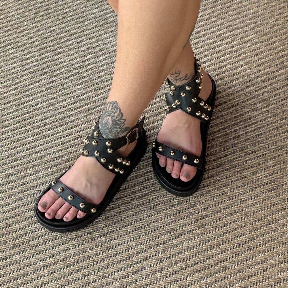 Sandália Flatform Papete Bolinhas Feminina Lançamento Preta