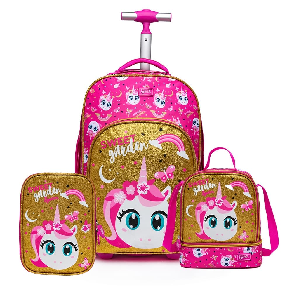 Kit Completo Mochila Lancheira Estojo Rosa Escolar Unicórnio Menina Rodinhas Spector