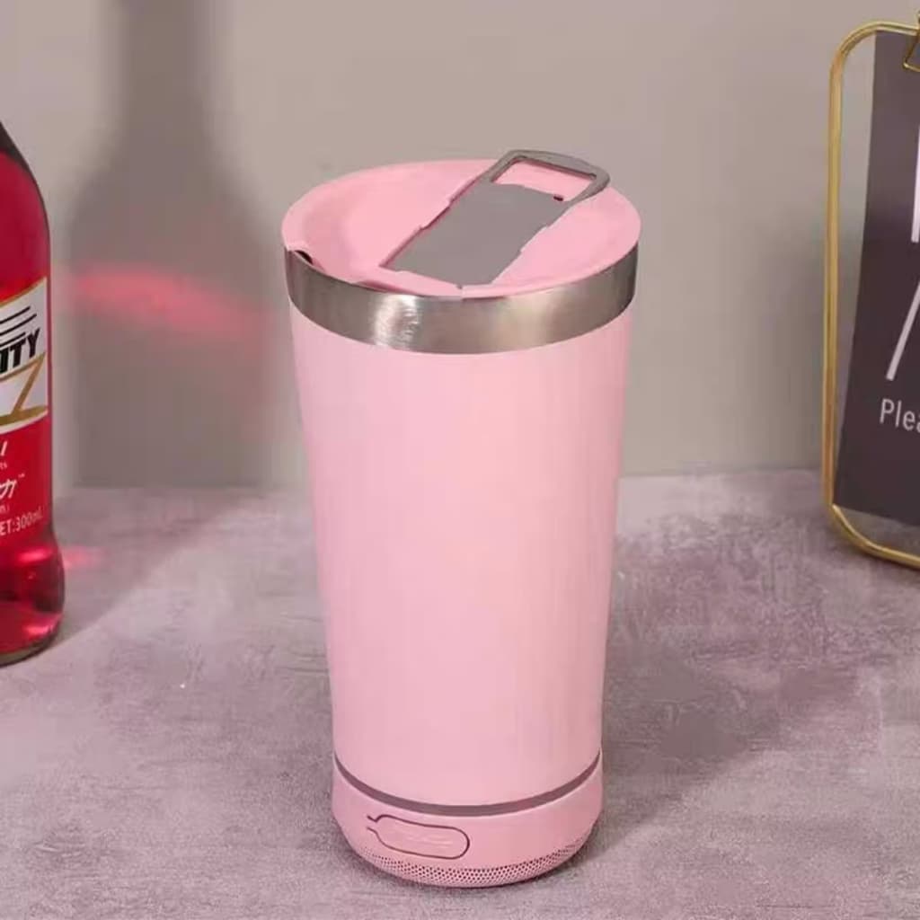 Copo MUSICAL Térmico Aço Inox ROSA CLARO Com Caixa de Som Bluetooth com tampa abridor Led RGB 473ML