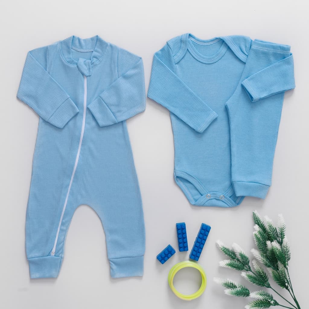 Kit 3 Peças Bebê Macacão Body e Calça Canelado Longo 100% Algodão