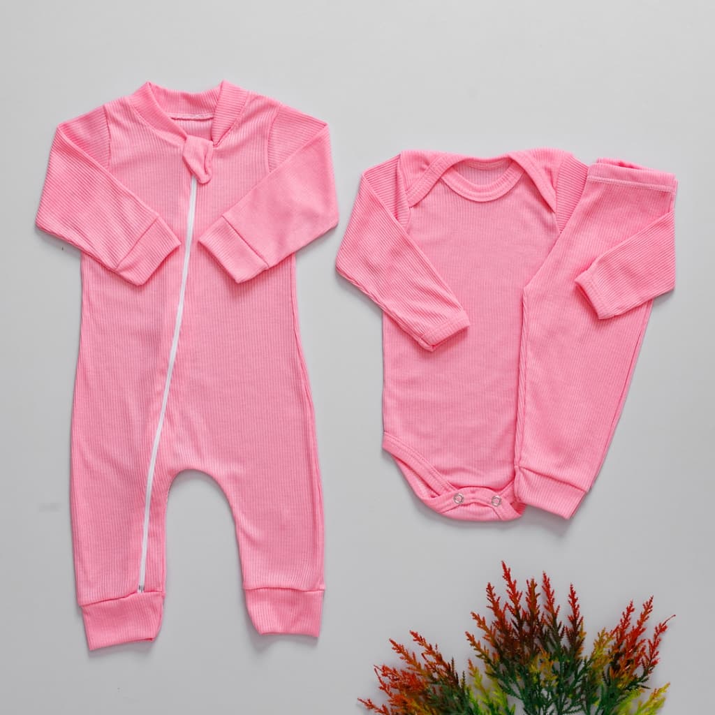 Kit 3 Peças Macacão Body e Calça Canelado Bebê 100% algodão Antialérgico Longo