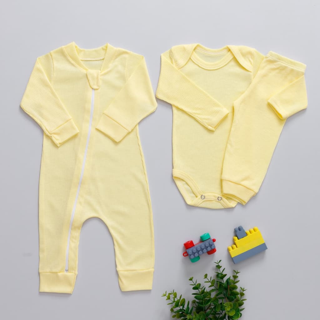 Kit 3 Peças Macacão Body e Calça Canelado Bebê Antialérgico Longo 100% Algodão