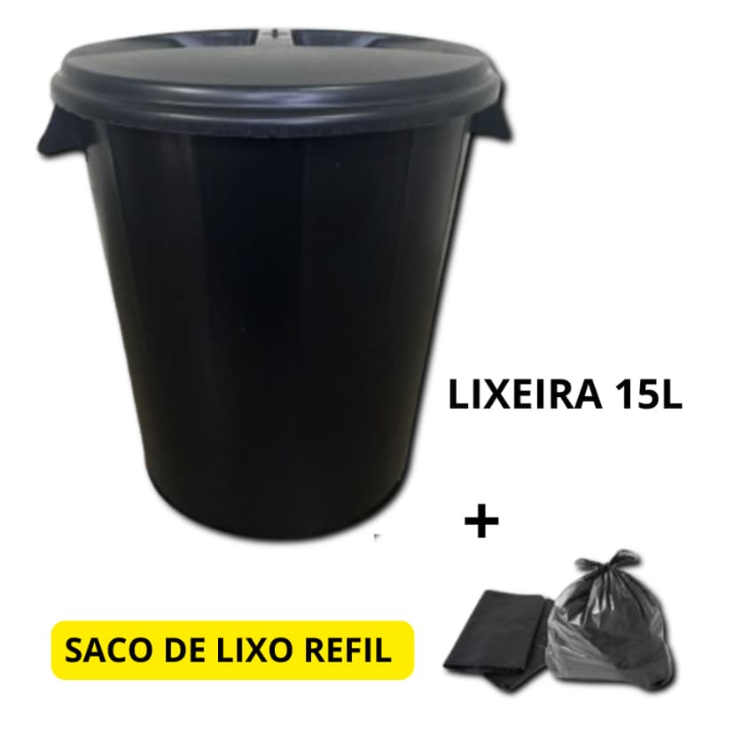 Lixeira 15 Litros para Cozinha Banheiro e Escritorio - Preto - JEV