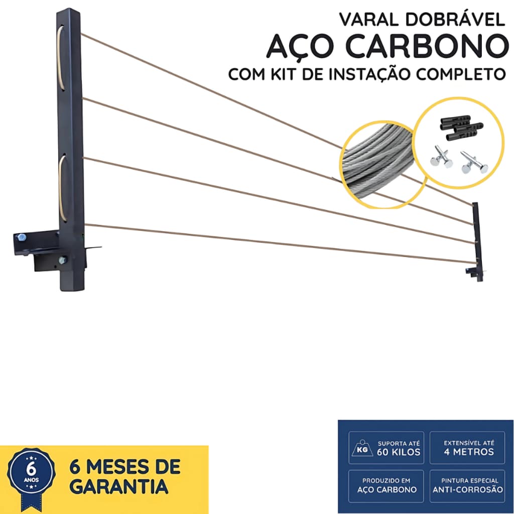 Varal Dobrável Retrátil Com 20 Metros de corda Fio Encapado/ Quintal Varanda/ Sacada