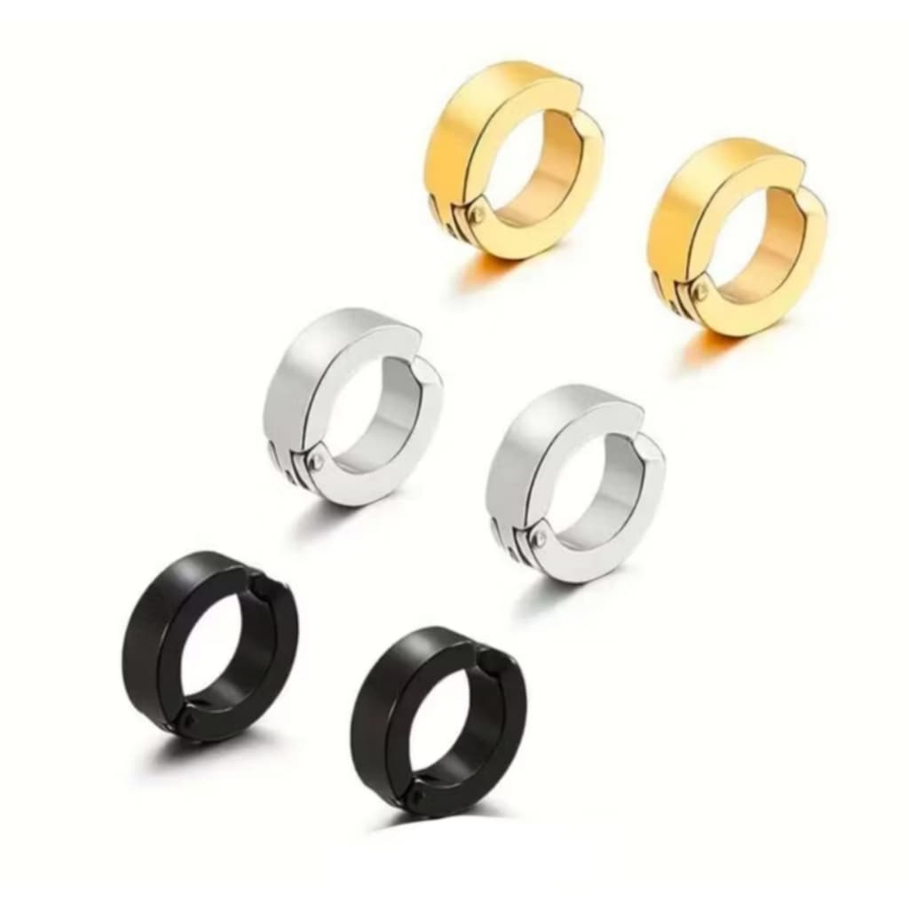 Brinco Pressão Argola Par Aço inox Masculino unissex - Não Precisa Furar Prateado e Preto