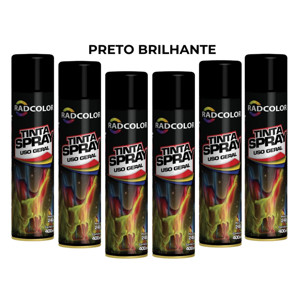 Kit 6 Tinta Spray Radnaq Preto Brilhante Uso Geral Automóveis Moveis MDF