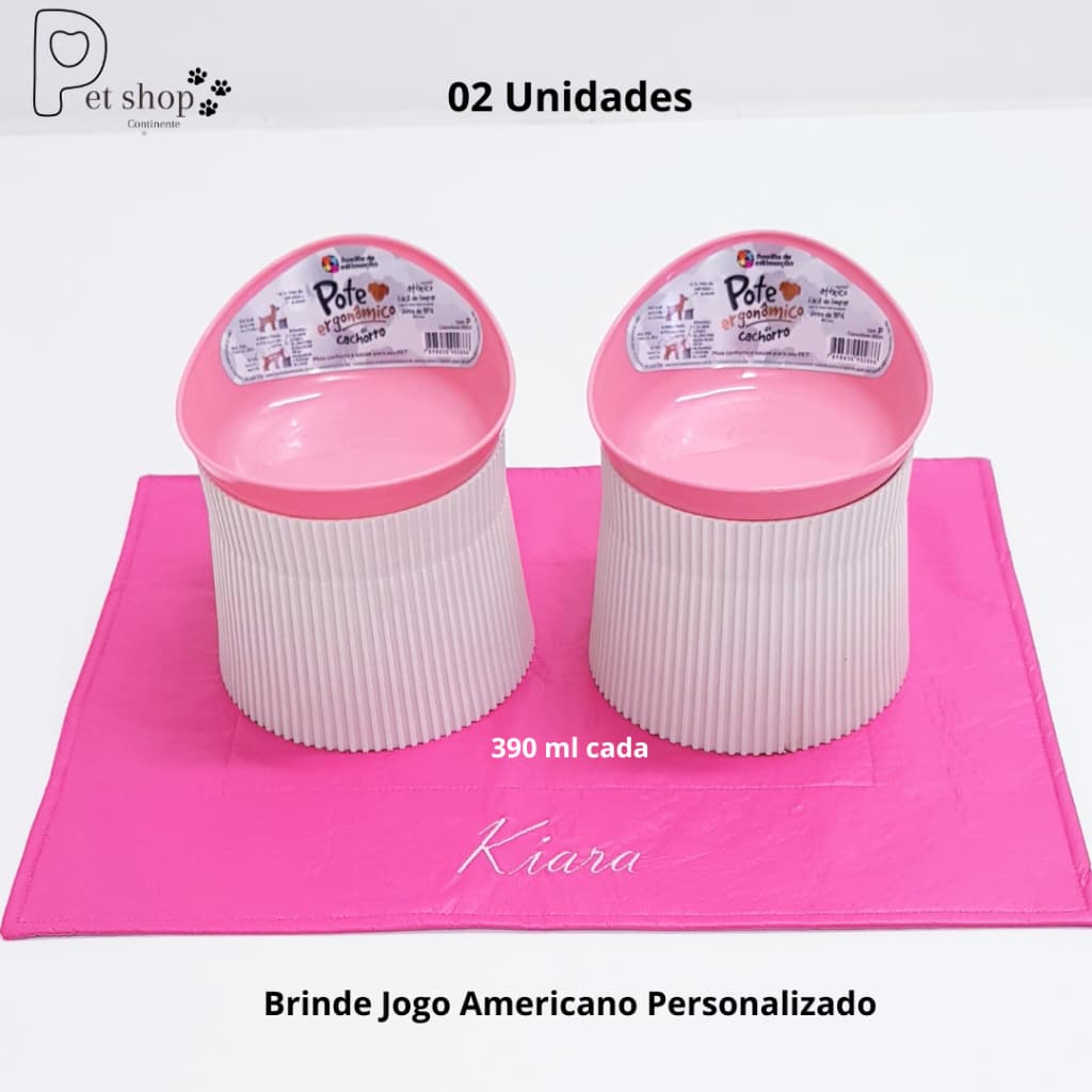 2 Comedouro Elevado Vasilha Alto Postura Pet 390ml Cachorro + GRATÍS Jogo Americano Personalizado